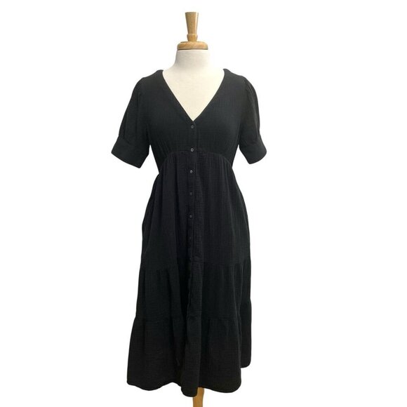 Madewell Dresses & Skirts - Madewell Gauze Tiered Midi Dress Short Sleeve Minimalist Classic Black size 4